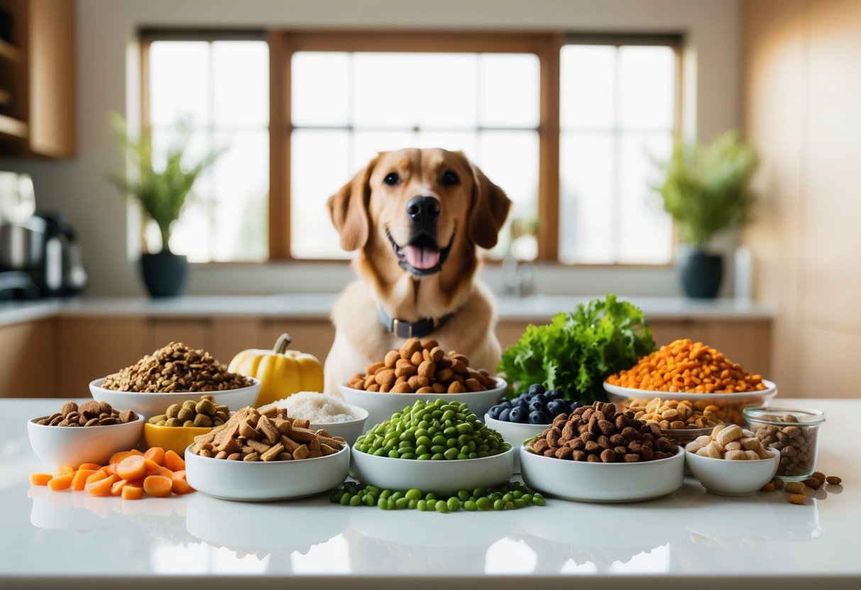 Eine Vielzahl von Hundefutteroptionen und nährstoffreichen Zutaten für die Ernährung von diabetischen Hunden.