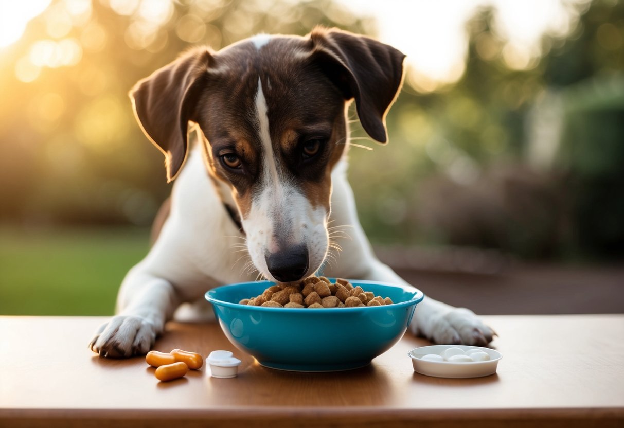 Ein Hund mit Diabetes, der spezielles Futter und Nahrungsergänzungsmittel aus einer Schüssel frisst.