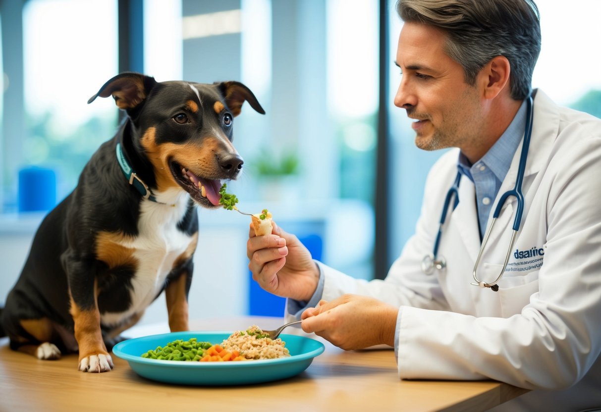 Ein diabetischer Hund, der eine spezialisierte Mahlzeit isst, während ein Tierarzt seine Ernährung überwacht.