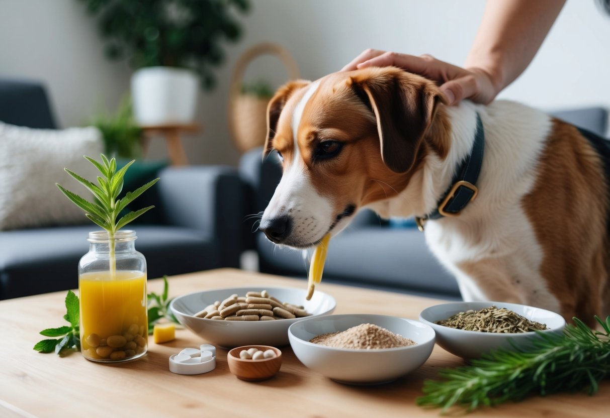 Ein Hund, der mit natürlichen Wurmbehandlungen in einer gemütlichen häuslichen Umgebung mit Kräuterergänzungen und frischem Futter behandelt wird.