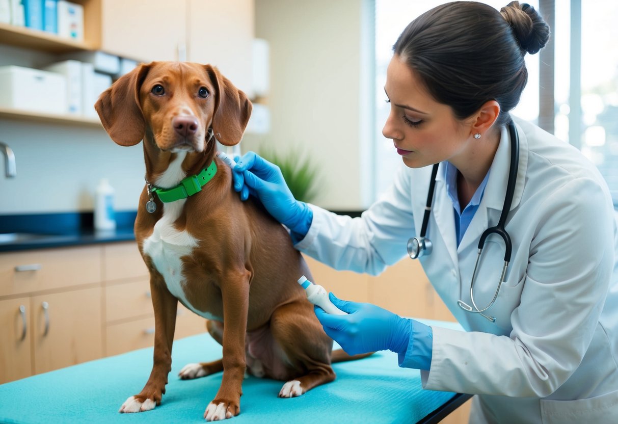 Ein Tierarzt, der einem Hund in einer klinischen Umgebung eine natürliche Entwurmungsbehandlung verabreicht.