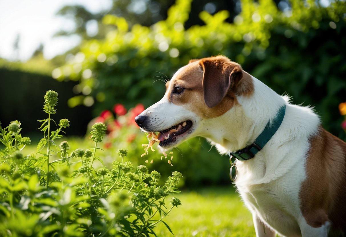 Ein Hund, der in einem sonnigen Garten mit natürlichen Entwurmungskräutern gefüttert wird.