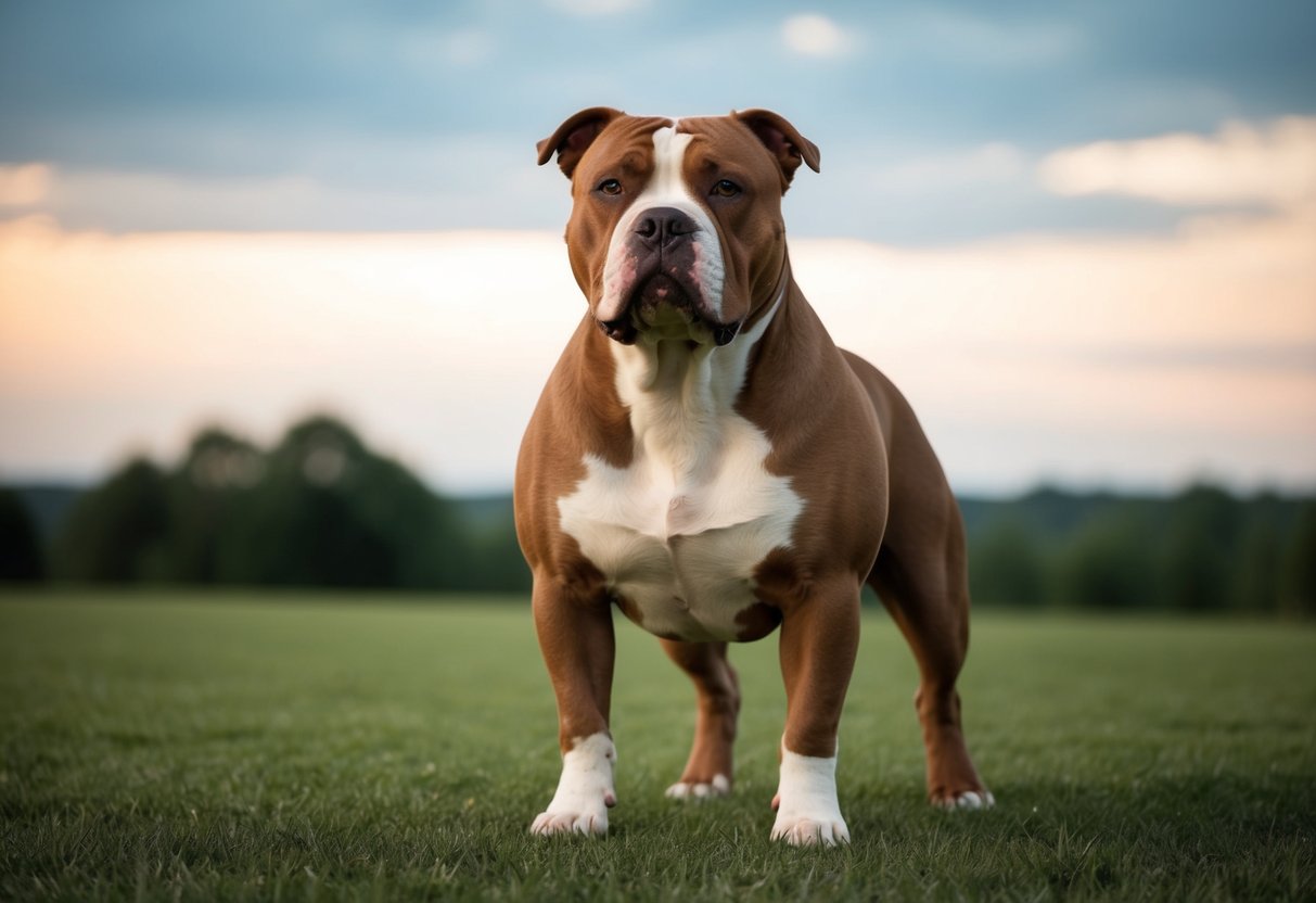 An American Bully stands confidently, with a sturdy build and powerful stance, exuding a calm and composed temperament