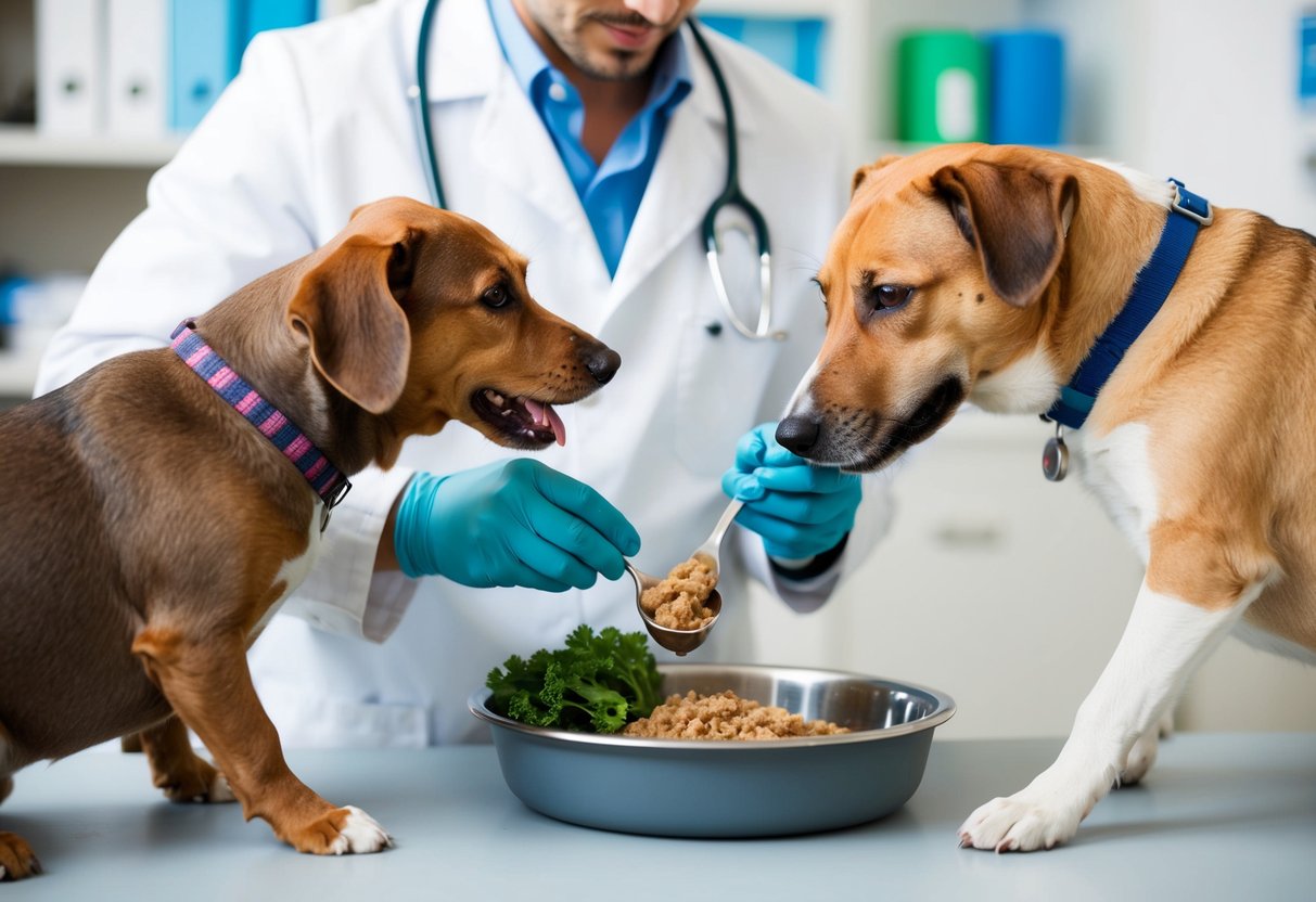 Ein Tierarzt bereitet sorgfältig eine spezielle Mahlzeit für einen Hund mit Pankreatitis vor, während ein anderer Hund sanfte Therapie und Unterstützung erhält.