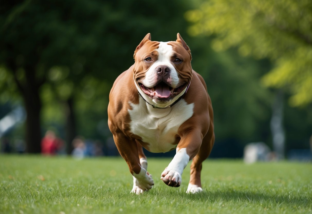 A muscular American Bully dog running in a green park, with a shiny coat and a happy expression