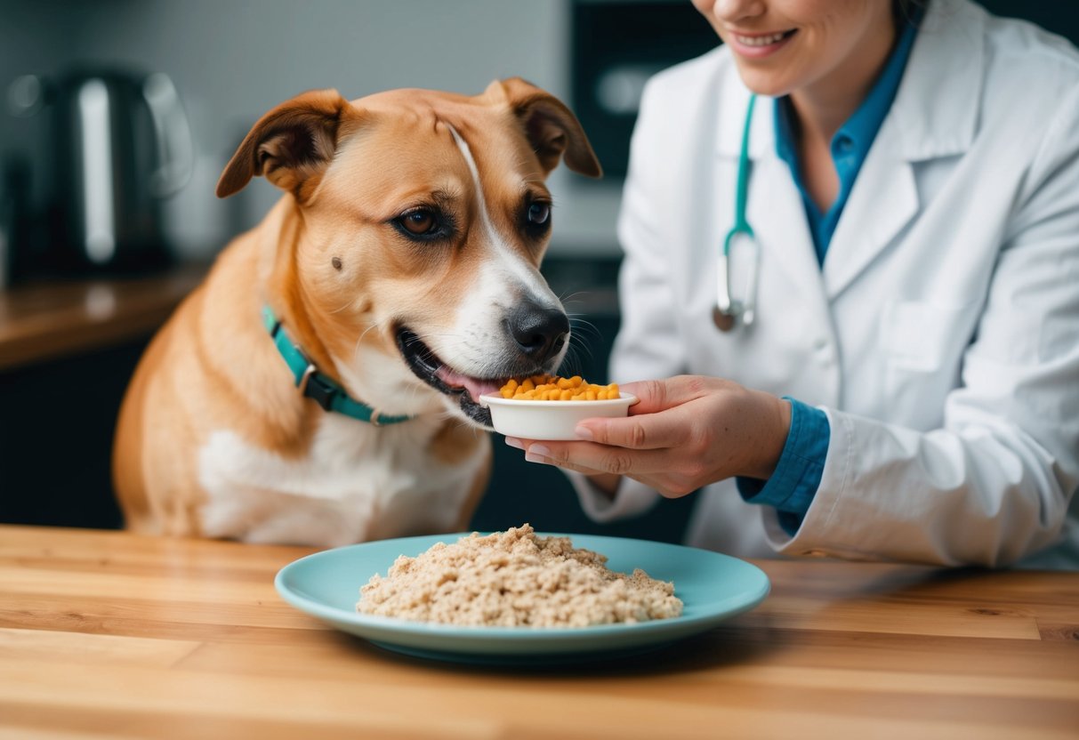 Ein Hund mit Pankreatitis wird von seinem Besitzer mit einer sorgfältig zubereiteten, milden Diät gefüttert, um seine Gesundheit zu managen und weitere Komplikationen zu verhindern.