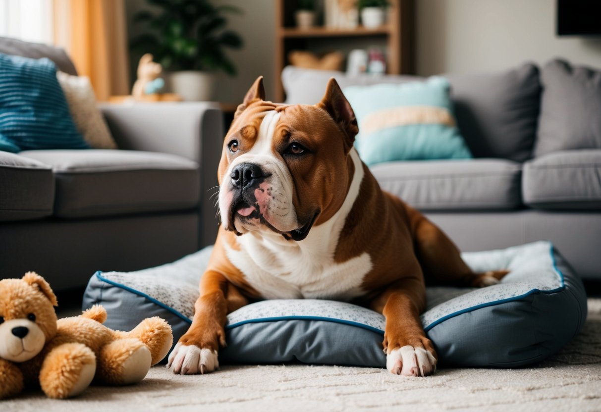 An American Bully lounges in a cozy living room, surrounded by plush toys and a comfortable bed. The dog's muscular build and confident stance exude strength and loyalty