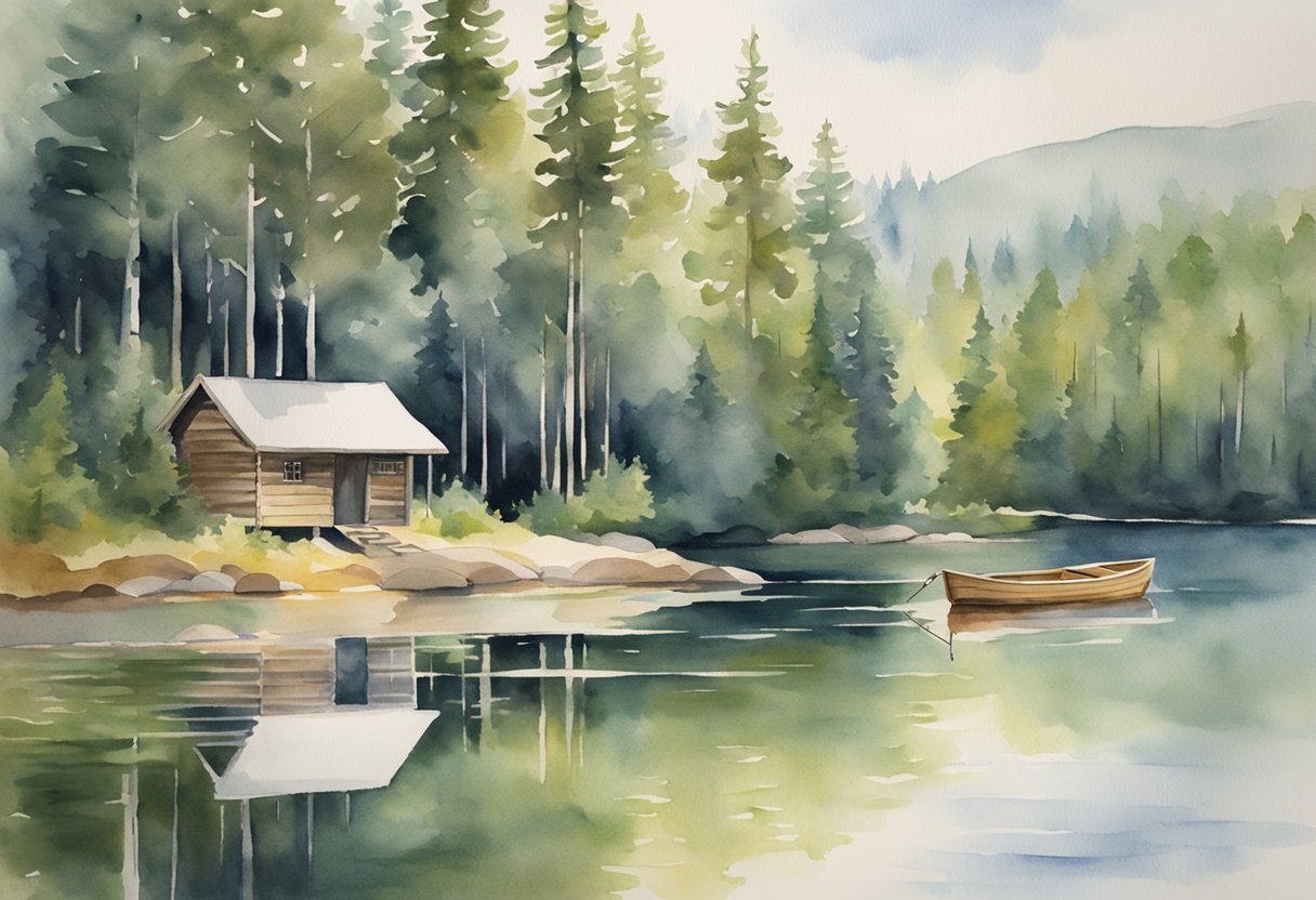 A serene lakeside surrounded by lush forests, with a traditional Finnish sauna in the background and a rowboat gently gliding across the water