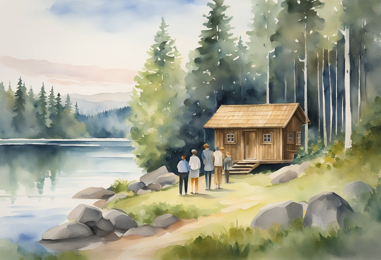 A group of people gather around a traditional Finnish sauna, surrounded by lush forests and serene lakes. In the distance, a historic castle stands tall, showcasing the rich cultural history of Finland