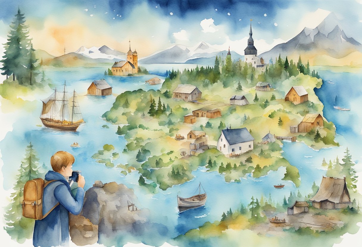 A colorful map of Finland with landmarks, traditional symbols, and historical artifacts. A person holding a guidebook and a camera, surrounded by traditional Finnish crafts