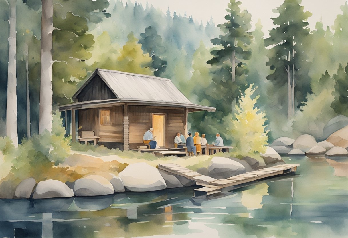 A group of people are gathered around a traditional Finnish sauna, surrounded by lush forests and serene lakes. Nearby, others are engaged in traditional Finnish crafts and exploring historical sites