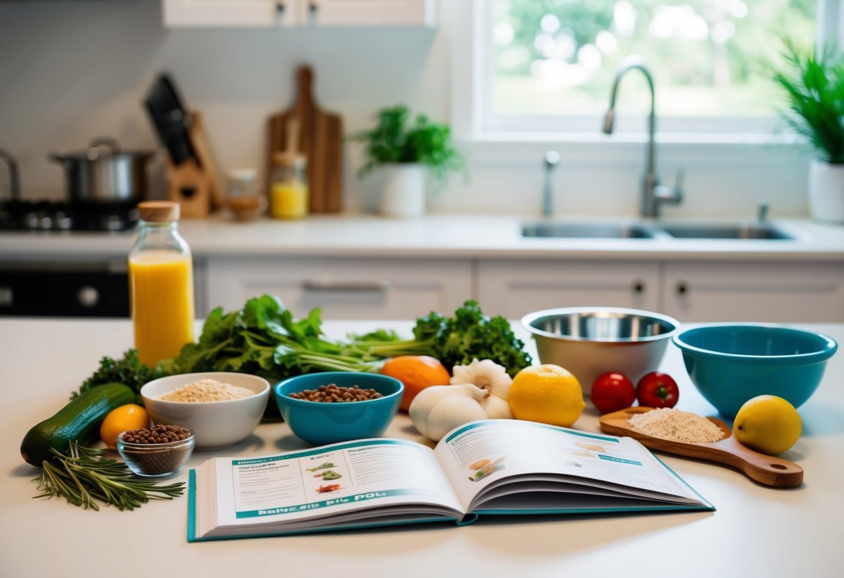 Eine Vielzahl von frischen, allergiefreundlichen Zutaten, die auf einer sauberen Küchenarbeitsplatte ausgebreitet sind, mit Schüsseln, Utensilien und einem Rezeptbuch, das auf einer Seite über selbstgemachtes Hundefutter geöffnet ist.