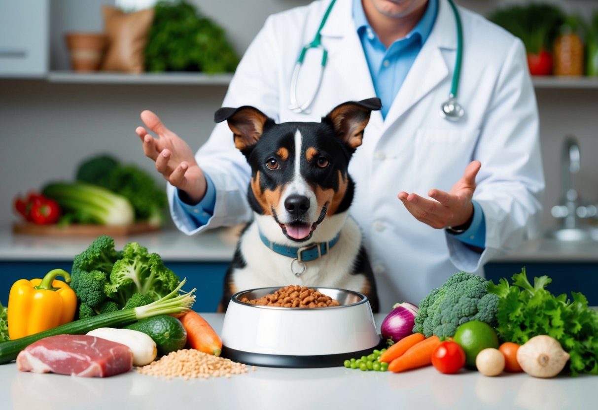 Ein Hund mit einem Futternapf, umgeben von verschiedenen frischen und gesunden Zutaten wie Gemüse, Fleisch und Getreide, mit einem Tierarzt oder Ernährungsberater, der im Hintergrund Ratschläge gibt.