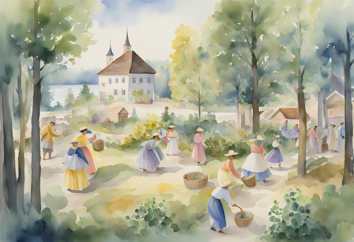 A group of people engaging in traditional Finnish activities, such as folk dancing, sauna bathing, and berry picking, surrounded by historical landmarks and cultural artifacts