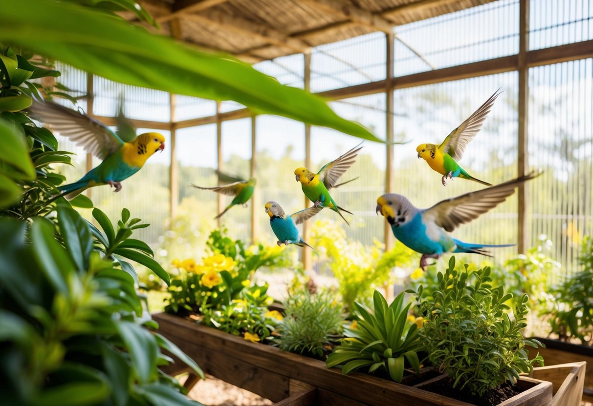 Ein geräumiger, sonnendurchfluteter Vogelkäfig mit bunten Wellensittichen, die frei zwischen üppigem Grün und Sitzstangen fliegen.