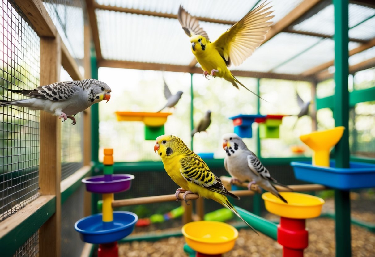 Ein gut beleuchteter Vogelkäfig mit bunten Spielzeugen, Sitzstangen und Futterstationen. Mehrere glückliche und aktive Wellensittiche fliegen und spielen in der geräumigen und sauberen Umgebung.