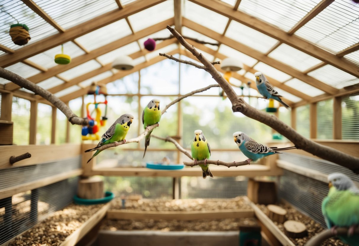 Ein geräumiger, luftiger Vogelkäfig, gefüllt mit Sitzstangen, Spielzeugen und natürlichen Ästen, damit geliebte Wellensittiche frei fliegen und spielen können.