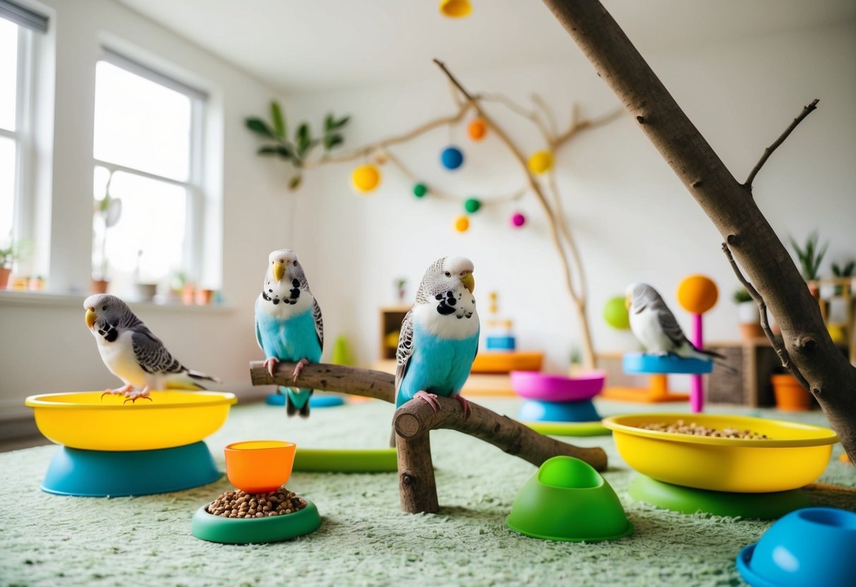 Ein geräumiger Raum mit Sitzstangen, Spielzeug und Futterstationen für Wellensittiche. Helle Farben und natürliche Äste schaffen eine anregende Umgebung.