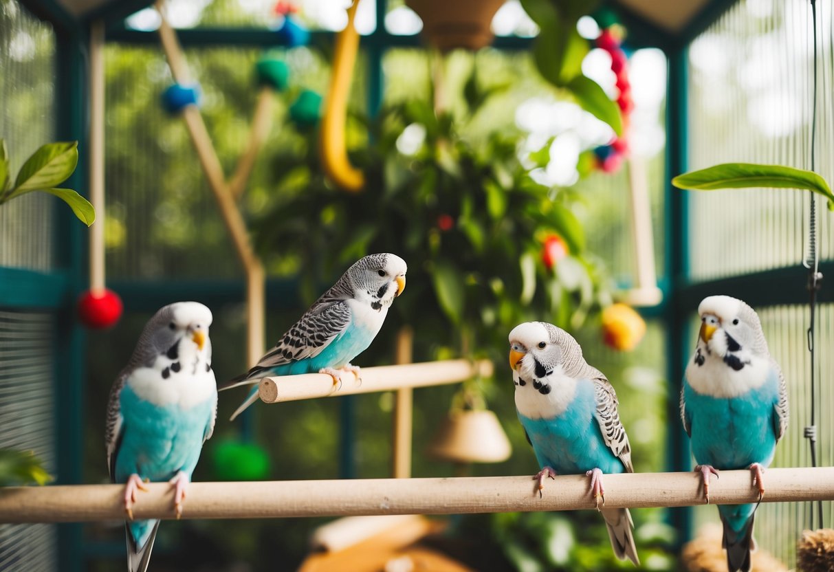 Ein geräumiger Vogelkäfig mit Sitzstangen, Spielzeugen und natürlichem Laub für das Wohlbefinden und die Sicherheit der Wellensittiche