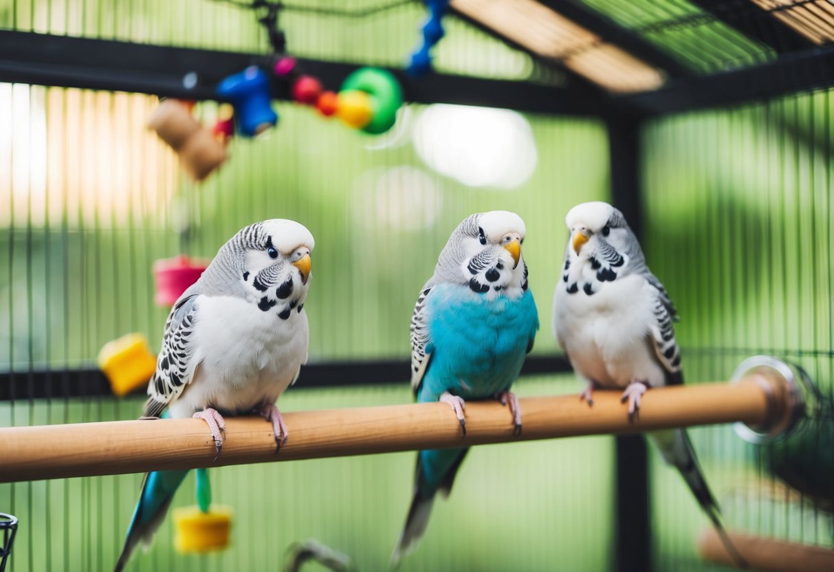 Ein gut beleuchteter Vogelkäfig mit Sitzstangen, Spielzeug sowie frischem Futter und Wasser für gut genährte, zufriedene Wellensittiche.