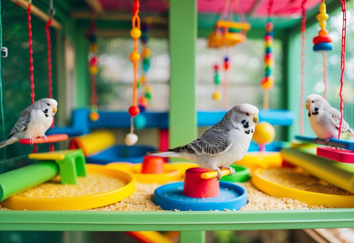 Ein bunter, geräumiger Vogelkäfig, der mit Sitzstangen, Schaukeln und Spielzeug gefüllt ist, damit die Wellensittiche frei spielen und fliegen können.