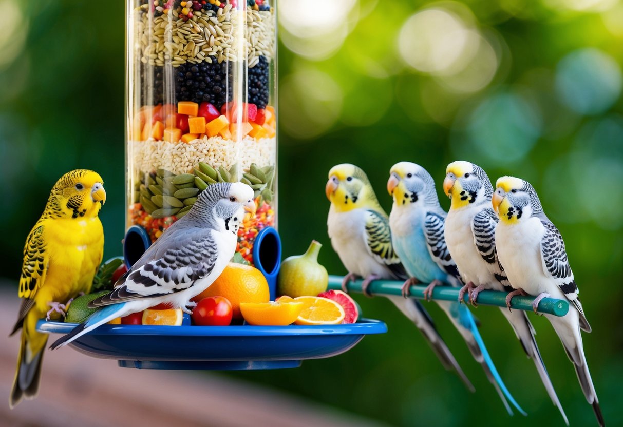 Eine farbenfrohe Illustration einer Vielzahl von Samen, Früchten und Gemüse, die auf einem Vogelfutterspender angeordnet sind, mit einer fröhlichen Gruppe gut genährter Wellensittiche, die in der Nähe sitzen.