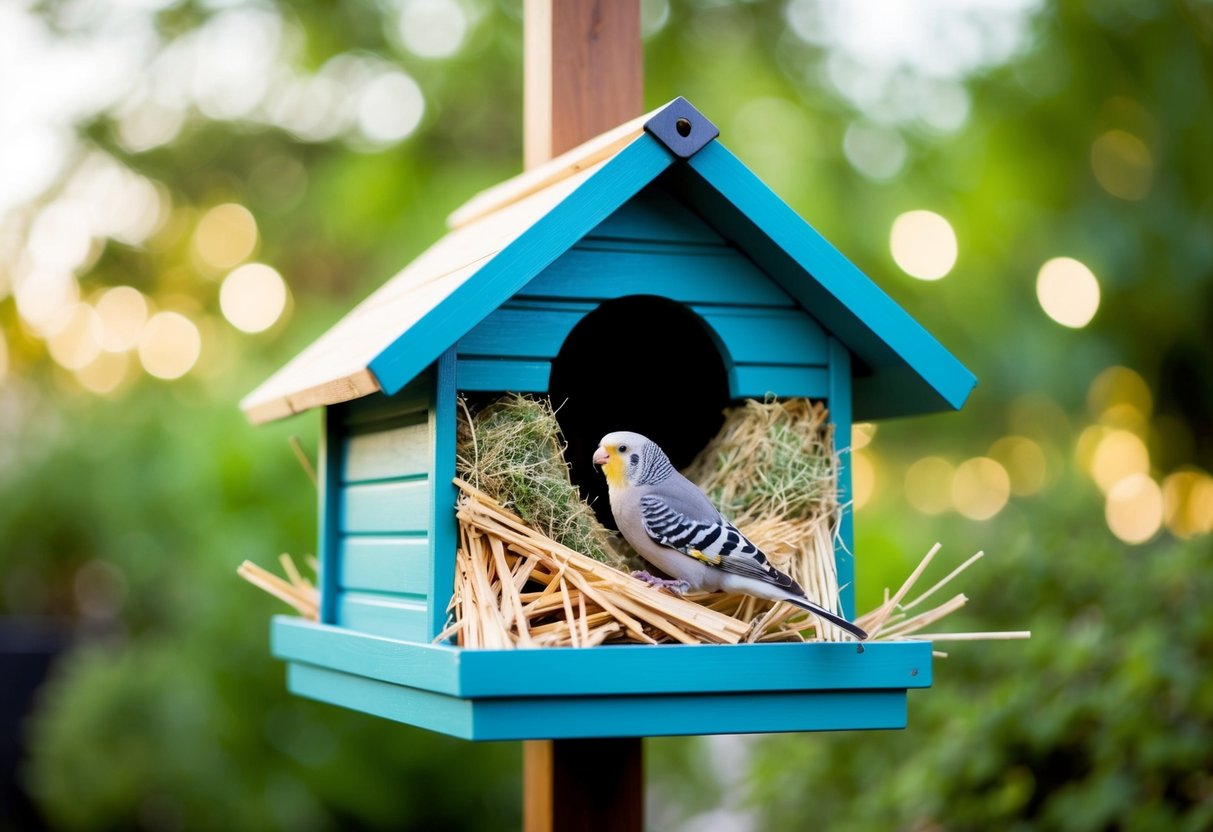 Ein gut gestaltetes Vogelhaus mit spezifischen Abmessungen und geeignetem Nistmaterial für Wellensittiche