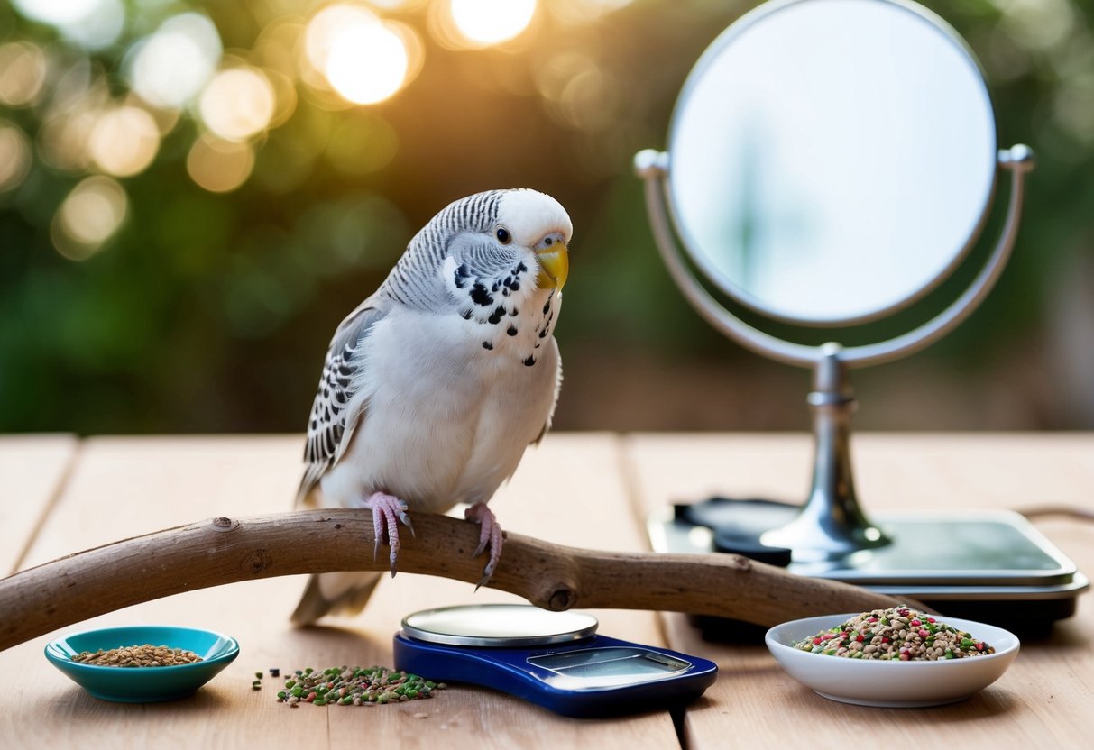 Ein älterer Wellensittich sitzt auf einem Holzast, umgeben von verschiedenen Gesundheitsprüfungsgegenständen wie einer Waage, einem Spiegel und einer kleinen Schale mit Vogelfutter.