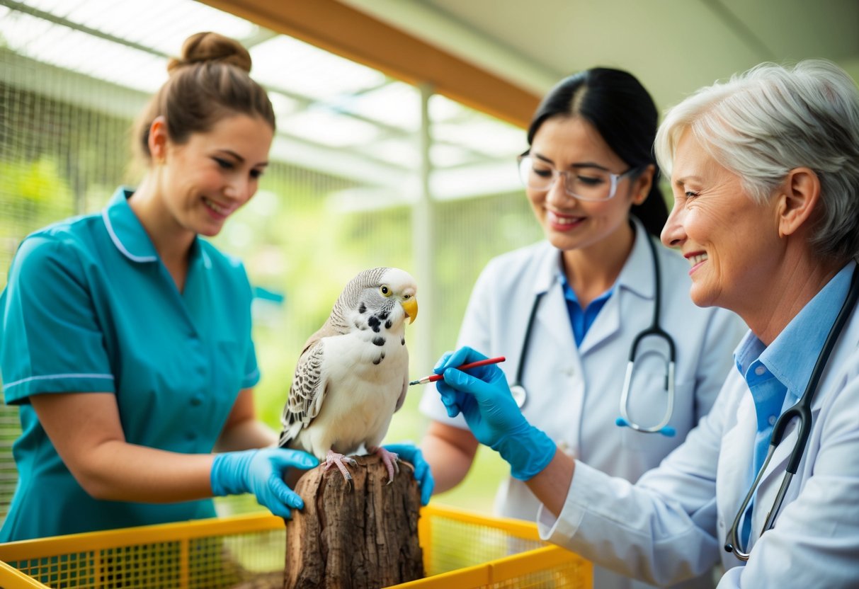 Ein älterer Wellensittich erhält eine Gesundheitsuntersuchung von einem Tierarzt, umgeben von fürsorglichem und aufmerksamen Personal in einer hellen und einladenden Voliere.