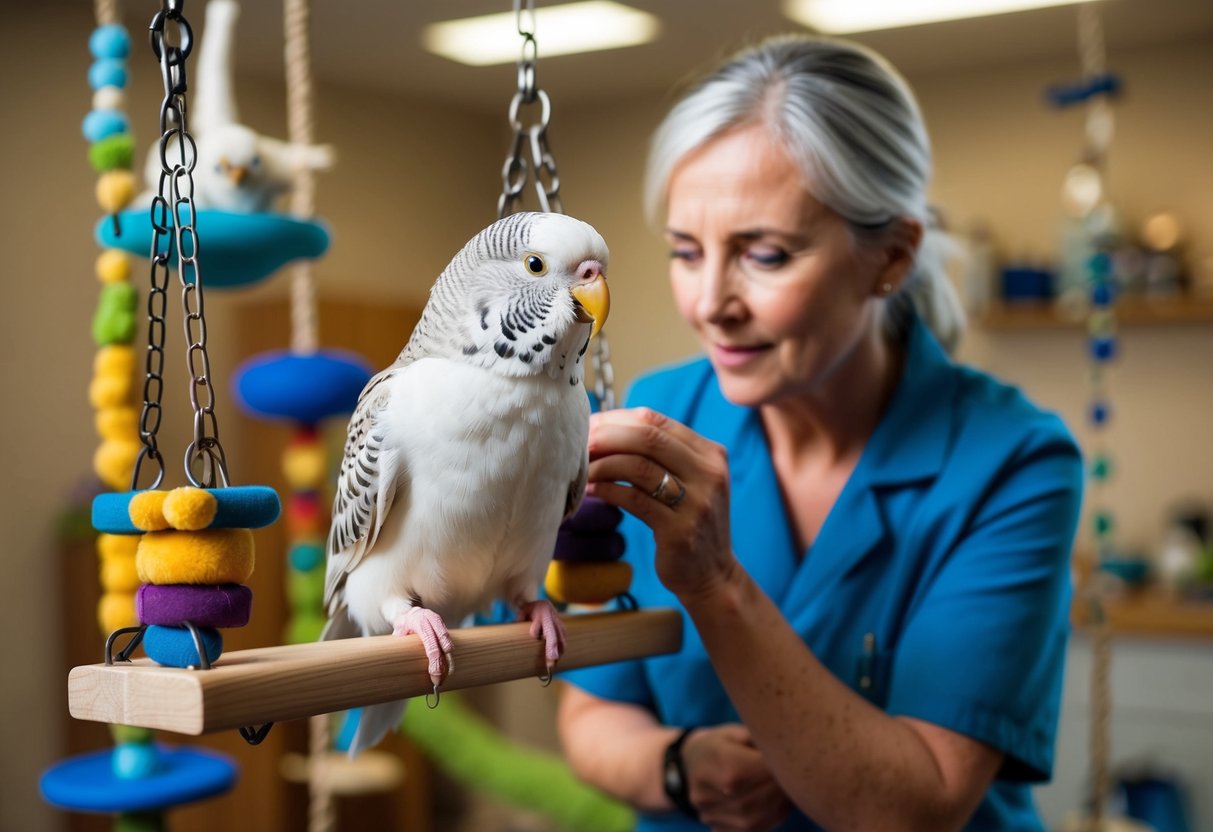 Ein älterer Wellensittich sitzt auf einer Holzschaukel, umgeben von verschiedenen Spielzeugen und Sitzstangen. Ein Tierarzt untersucht den Vogel sanft und überprüft ihn auf Anzeichen von Krankheiten oder Verhaltensänderungen.