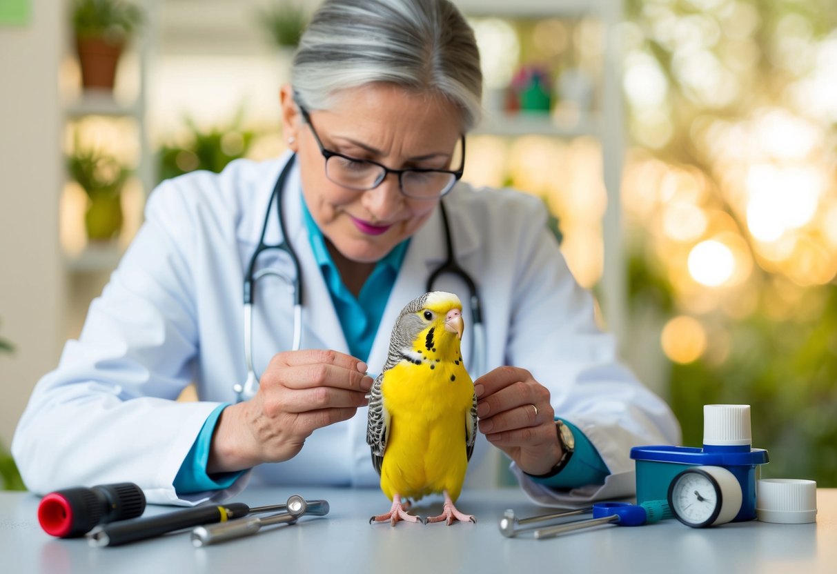 Ein Tierarzt untersucht einen älteren Wellensittich, umgeben von verschiedenen medizinischen Werkzeugen und Geräten, mit dem Fokus auf die Förderung eines gesunden Vogellebens.