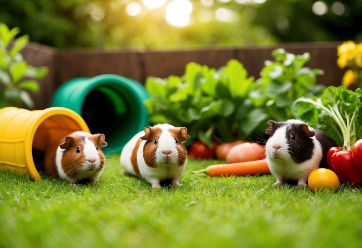 Ein geräumiger, grasbewachsener Bereich mit Tunneln, Verstecken und frischem Gemüse für glückliche, gesunde Meerschweinchen.