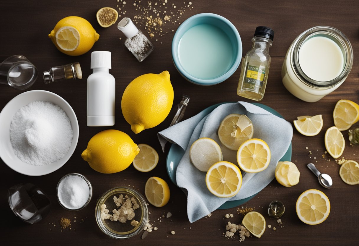 A cluttered table with various DIY ingredients such as lemon, baking soda, and vinegar, alongside skincare products and irritated skin patches