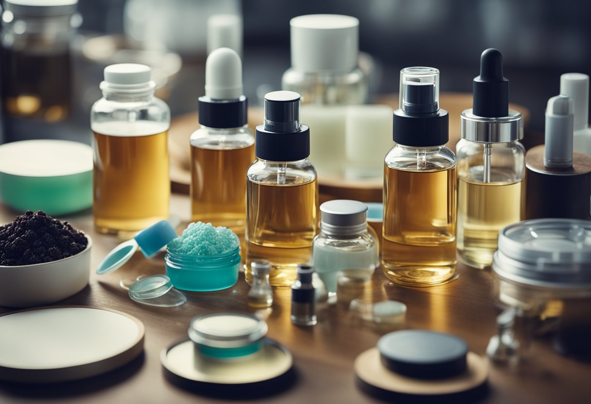 A laboratory table with various DIY skincare ingredients, surrounded by scientific equipment and containers