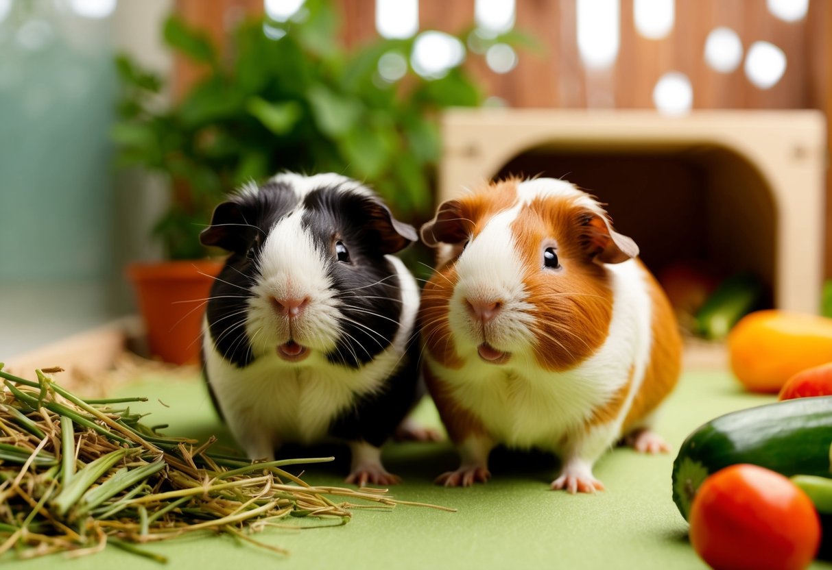 Zwei glückliche Meerschweinchen in einem geräumigen, sauberen Gehege mit Versteckmöglichkeiten, frischem Heu und einer Vielzahl von Gemüse zur Bereicherung.