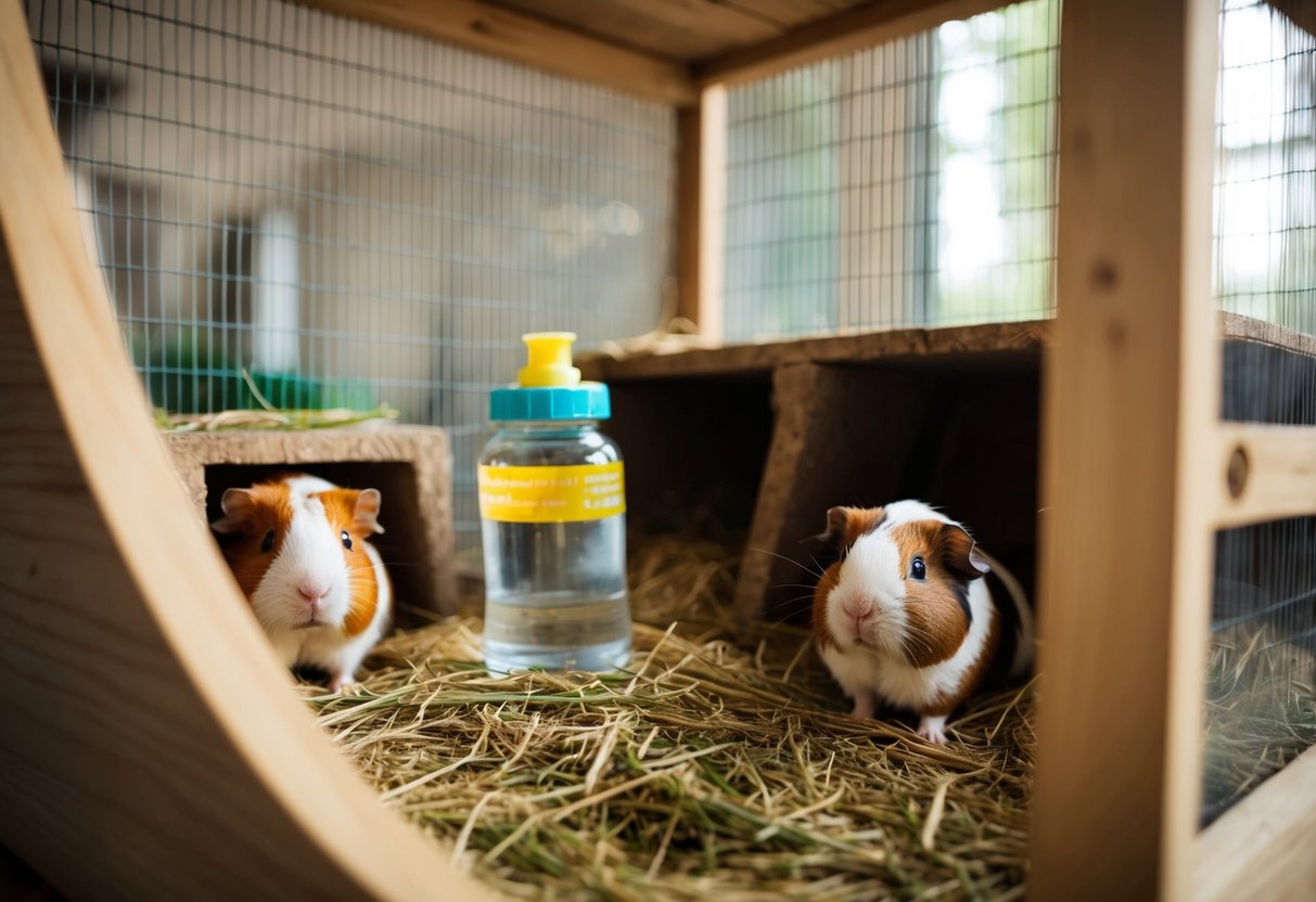 Ein gemütlicher und geräumiger Käfig mit Heu, Wasserflasche und Versteckmöglichkeiten für glückliche und gesunde Meerschweinchen.