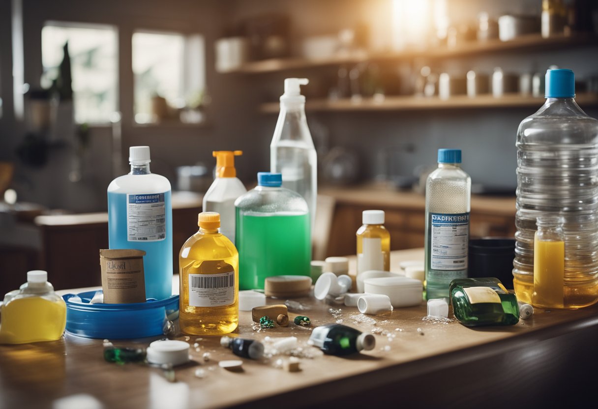 A cluttered kitchen counter with spilled bottles and containers of household chemicals, surrounded by warning labels and hazard symbols