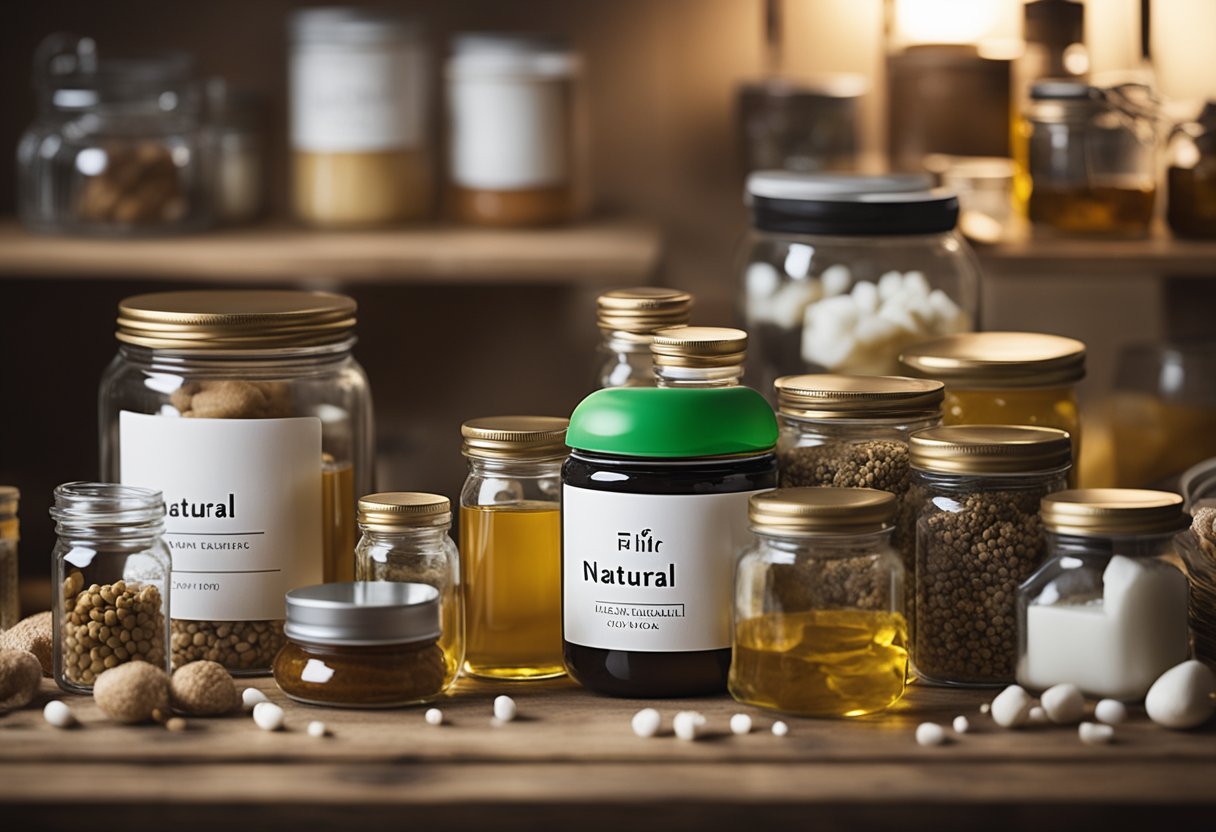 A cluttered table with various containers and ingredients, some labeled "natural" and "chemical-free," while others have warning symbols