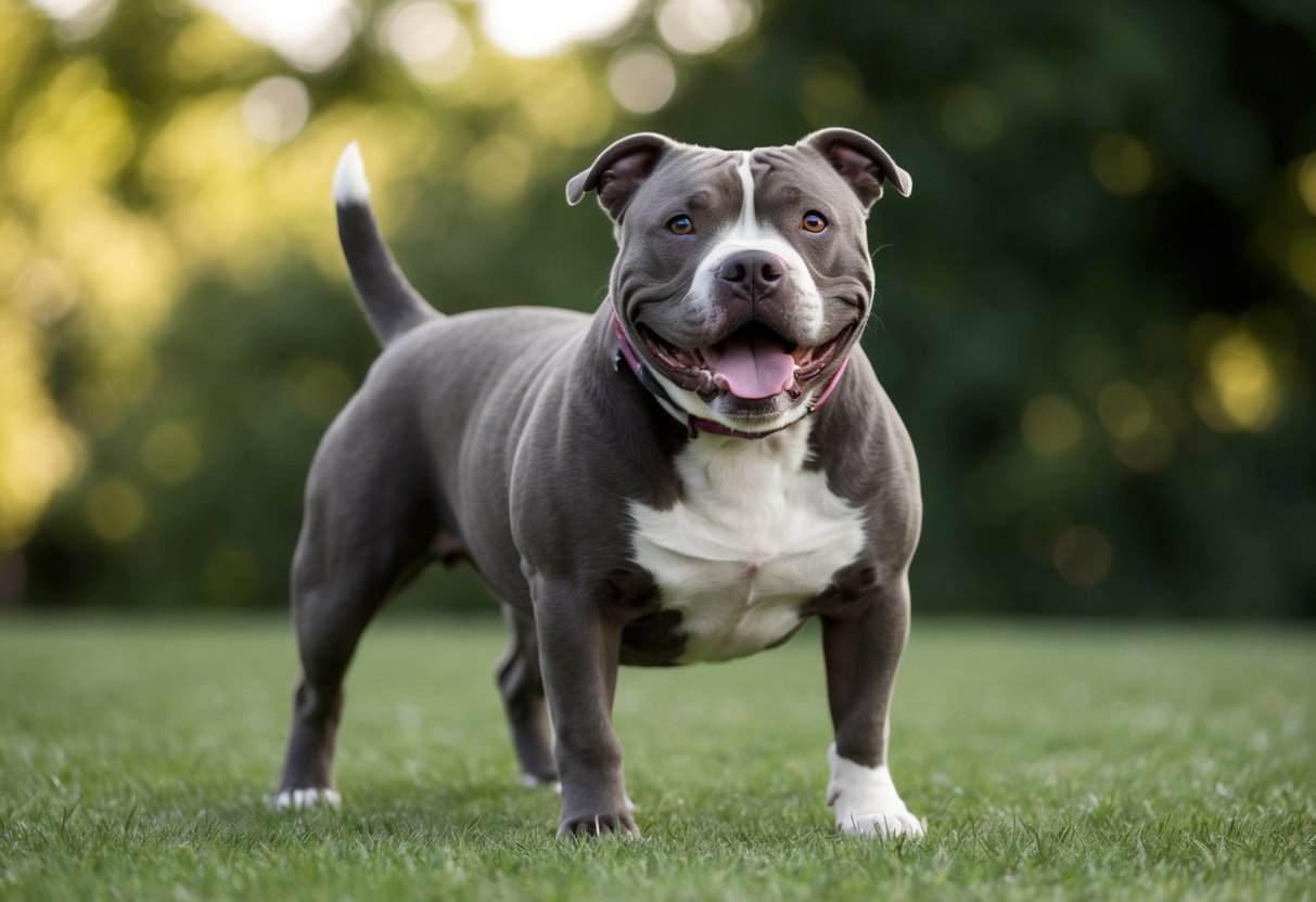 A stocky pocket bully stands confidently, tail wagging, with a playful and friendly expression on its face