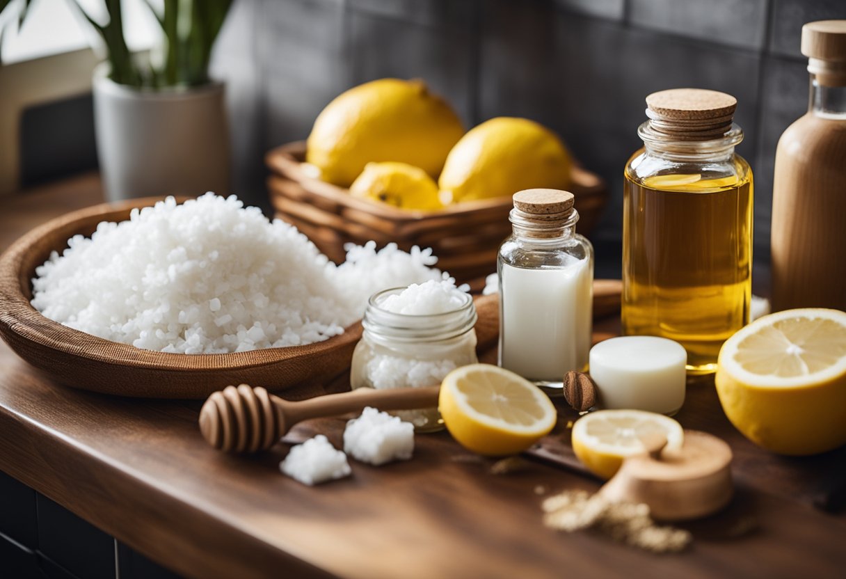 A cluttered bathroom counter with natural ingredients like honey, lemon, and coconut oil alongside warning symbols and crossed-out ingredients