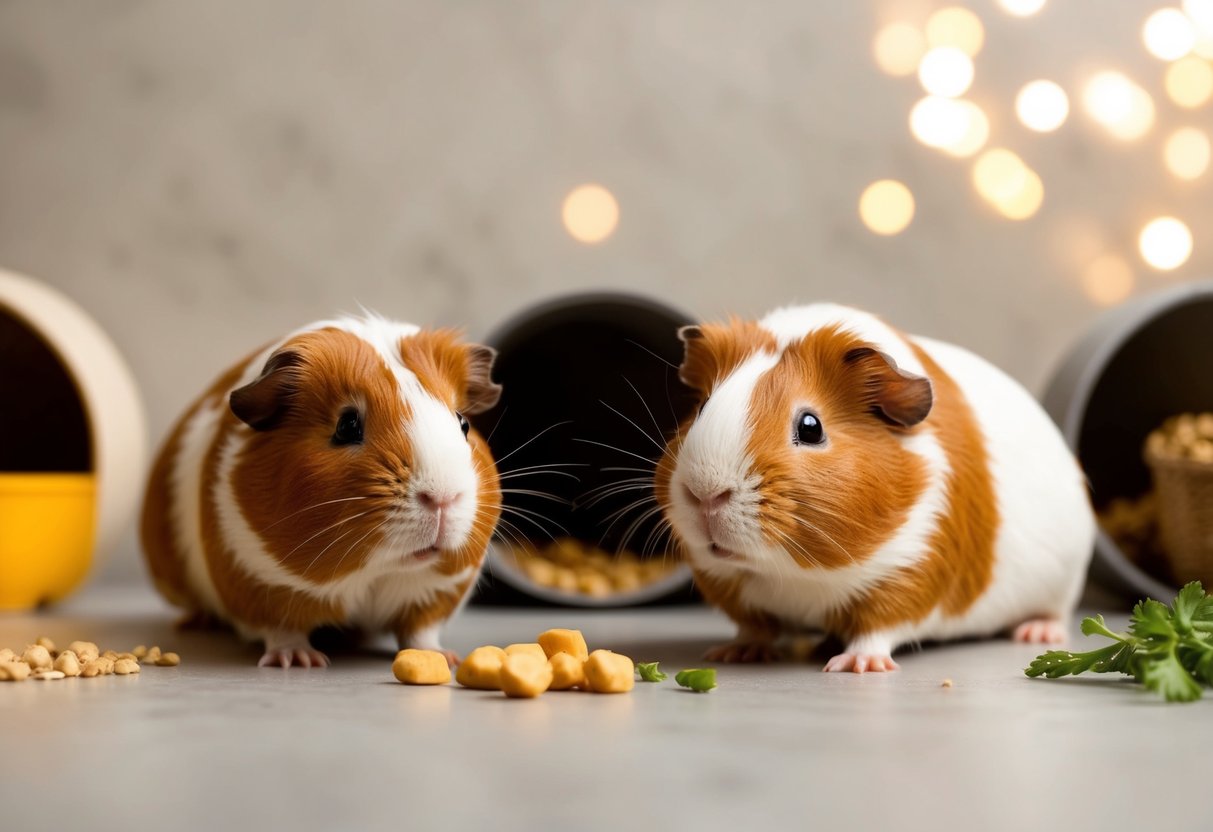 Zwei Meerschweinchen in einer neutralen, geräumigen Umgebung mit Versteckmöglichkeiten und Futter, die Anzeichen von Schnüffeln, Pflege und friedlichem Zusammenleben zeigen.