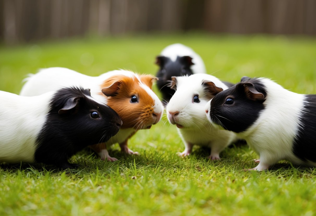 Mehrere Meerschweinchen in einem geräumigen, grasbewachsenen Gehege, die sich vorsichtig gegenseitig beschnüffeln und erkunden.