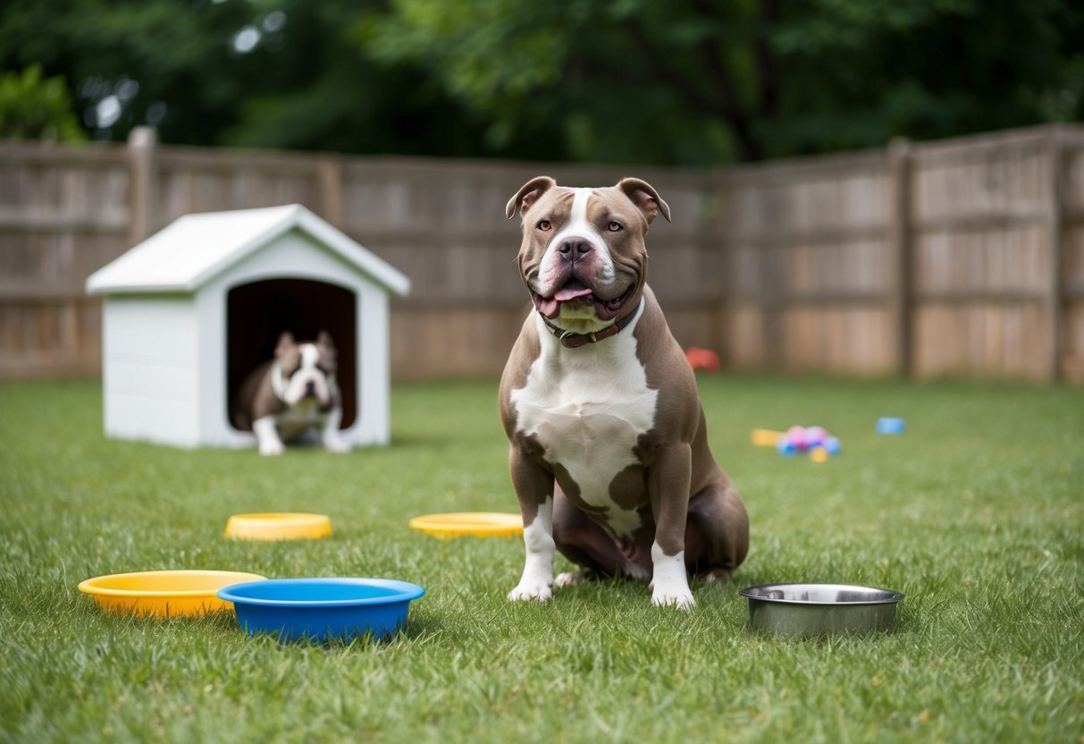 A pocket bully dog in a spacious, fenced yard with a dog house, water and food bowls, and toys scattered around