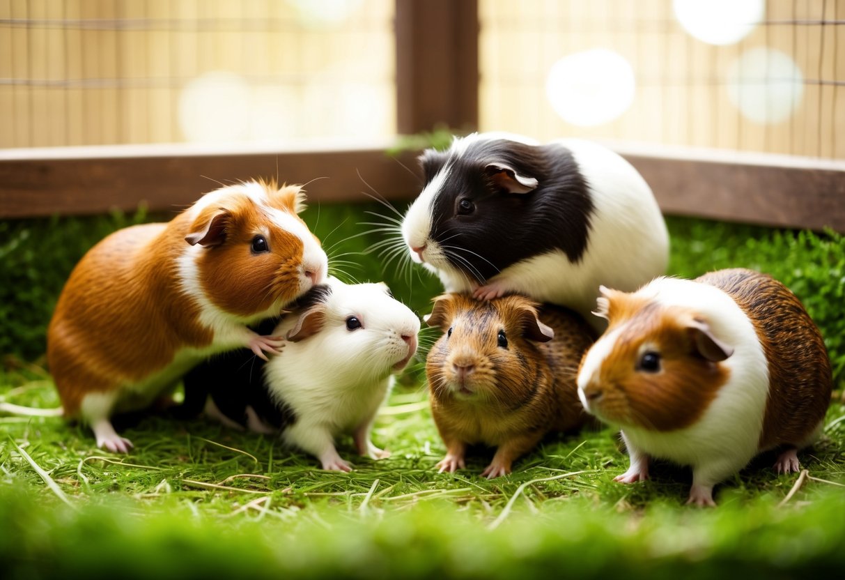 Eine Gruppe von Meerschweinchen interagiert in einem gemütlichen, grasbewachsenen Gehege. Einige fressen, andere pflegen sich gegenseitig, während einige den Raum erkunden.