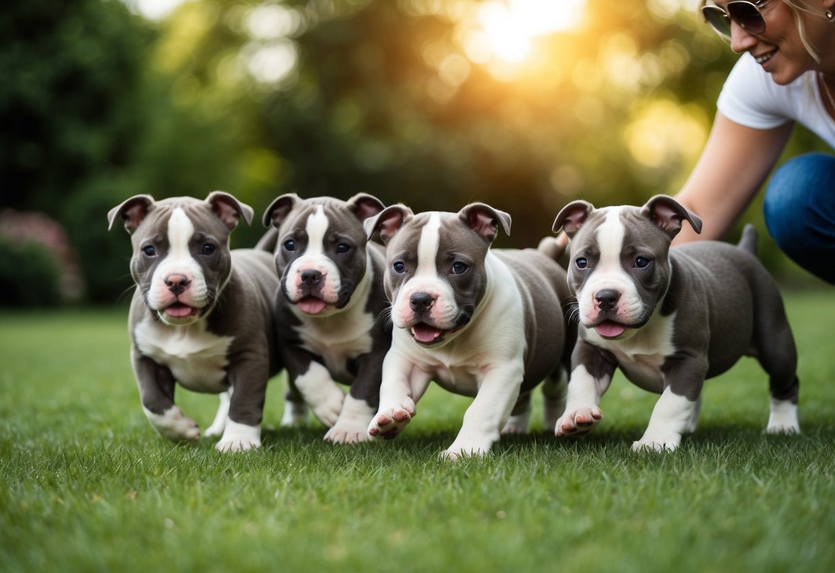 A litter of pocket bully puppies playing in a grassy yard, surrounded by their attentive mother