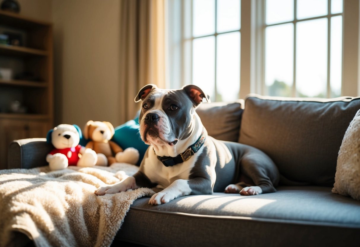 A Pocket Bully lounges on a cozy couch, surrounded by plush toys and a comfortable bed. Sunlight streams in through a nearby window, casting a warm glow over the room