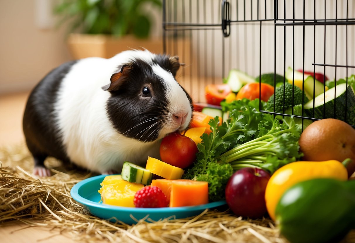 Ein älteres Meerschweinchen, das eine Vielzahl frischer Gemüse und Früchte in einem gemütlichen, sauberen Käfig mit reichlich Heu und Wasser frisst.