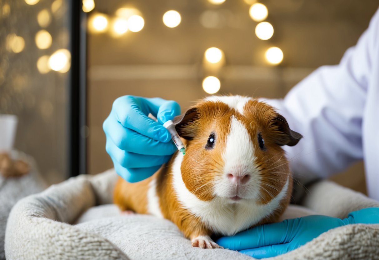 Ein älteres Meerschweinchen erhält Pflege in einem gemütlichen, gut beleuchteten Gehege. Ein Tierarzt verabreicht sanft Medikamente, während das Meerschweinchen auf weichem Einstreu ruht.