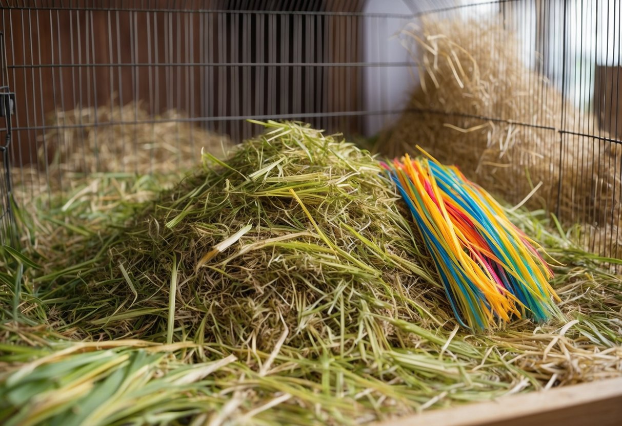 Ein Haufen frischem, duftendem Heu füllt einen geräumigen Käfig, mit bunten Strängen von speziellem Heu für Meerschweinchen, die sorgfältig in einem separaten Bereich platziert sind.