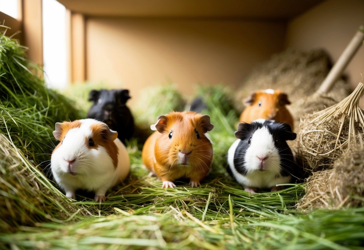 Ein gemütlicher, geräumiger Stall, gefüllt mit frischem, duftendem Heu und verschiedenen speziellen Heu-Sorten für Meerschweinchen.